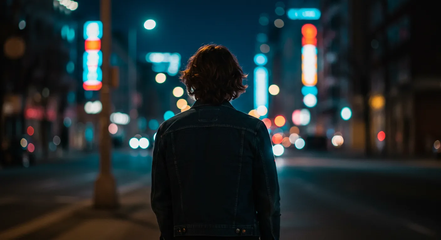 都会の夜と男性の後ろ姿