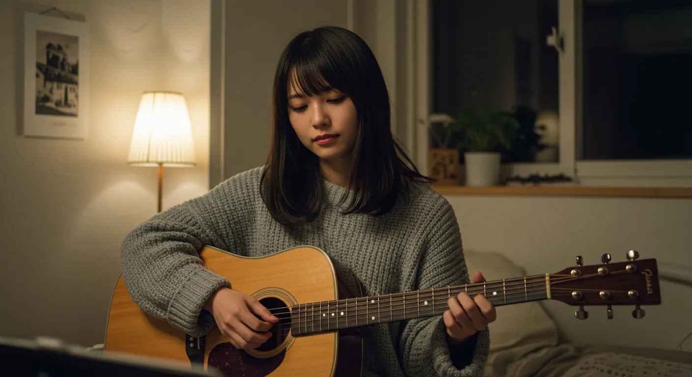 アコースティックギターの弾き語りをする女性