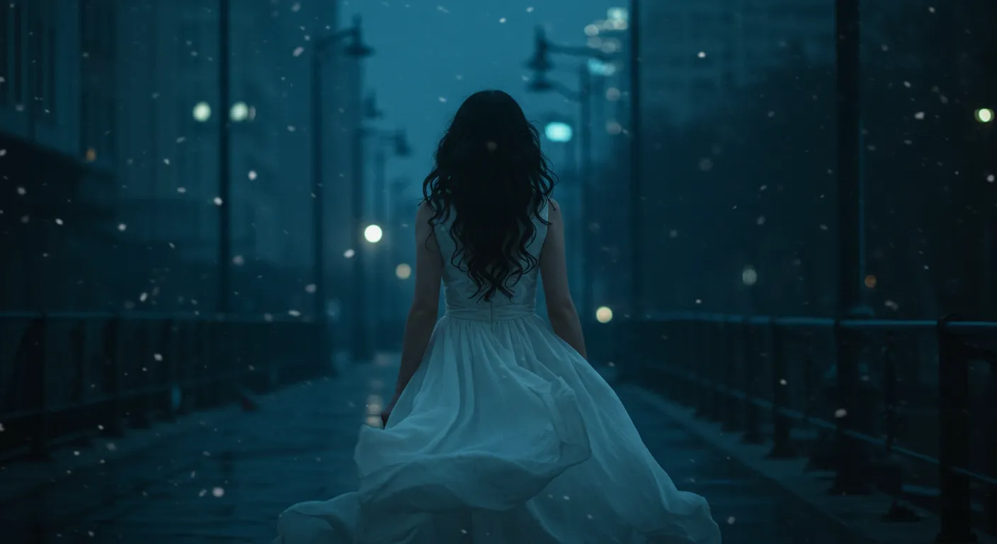 夜道と白いドレスの女性