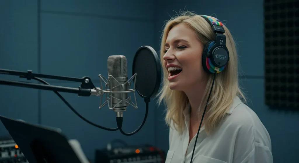 歌う金髪の女性