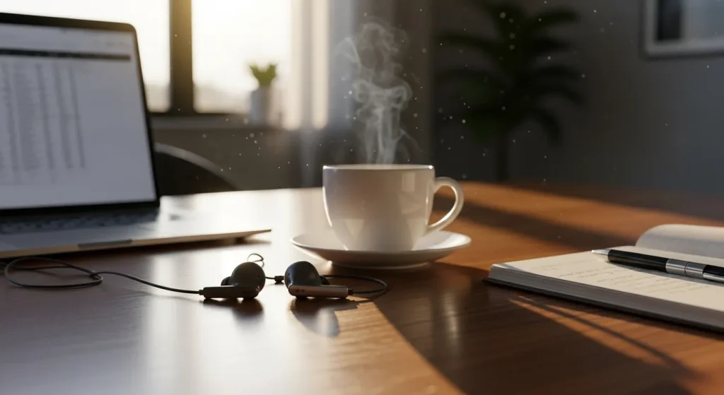 朝の机とワイヤレスイヤホン