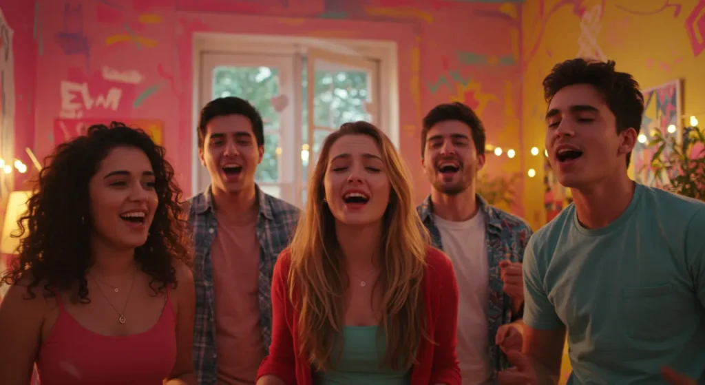 部屋で歌う男女