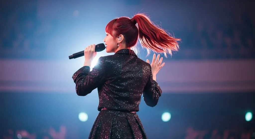 歌う赤髪の女性