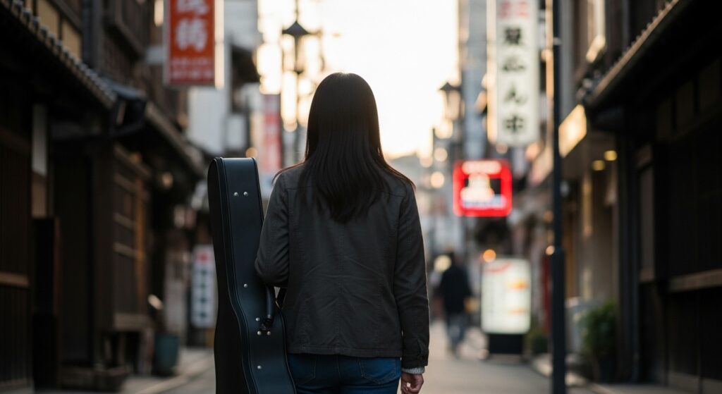女性とギターケース