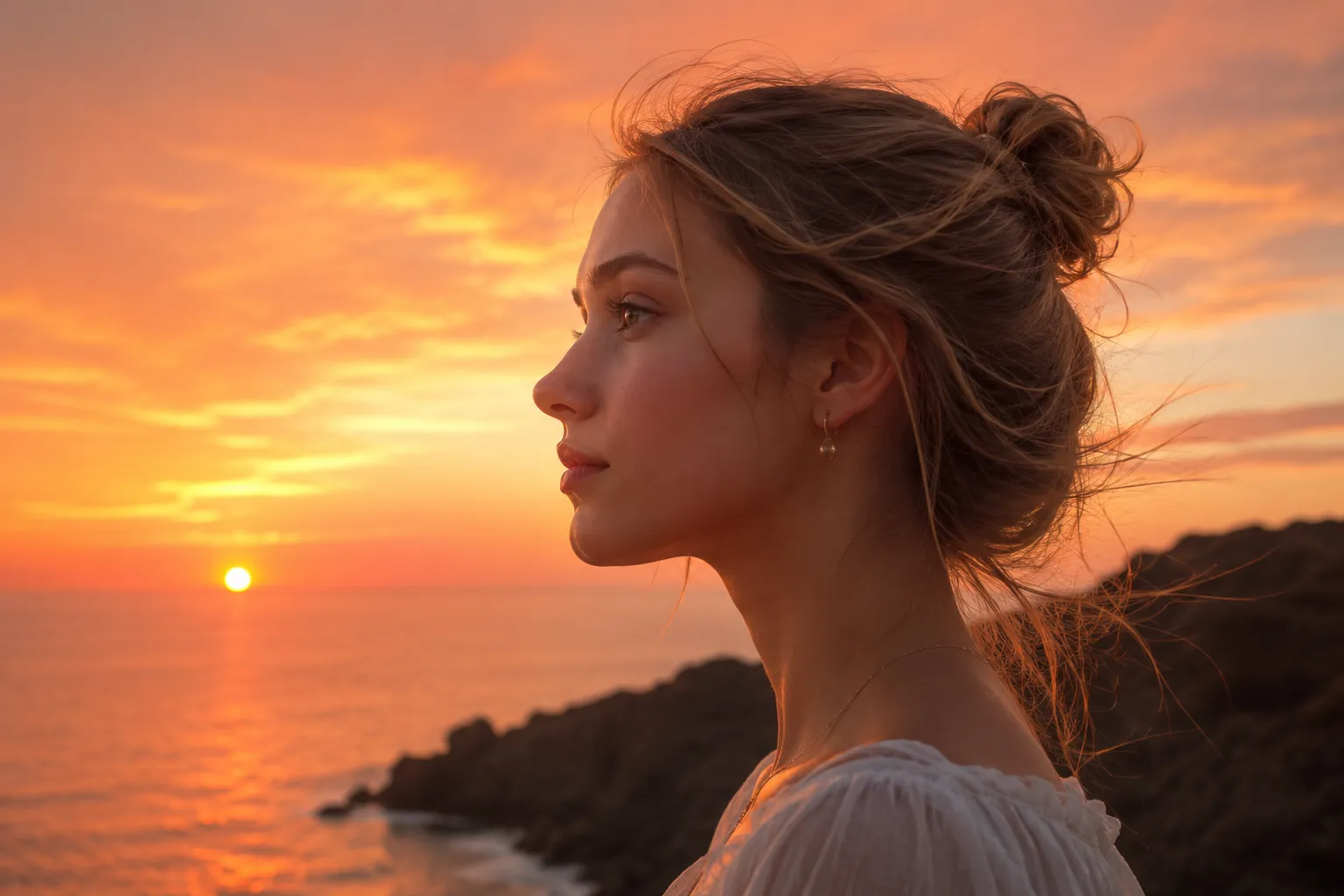 夕暮れと金髪の女性
