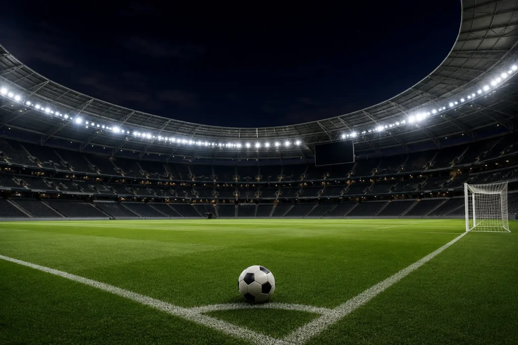 夜のサッカーボールとスタジアム
