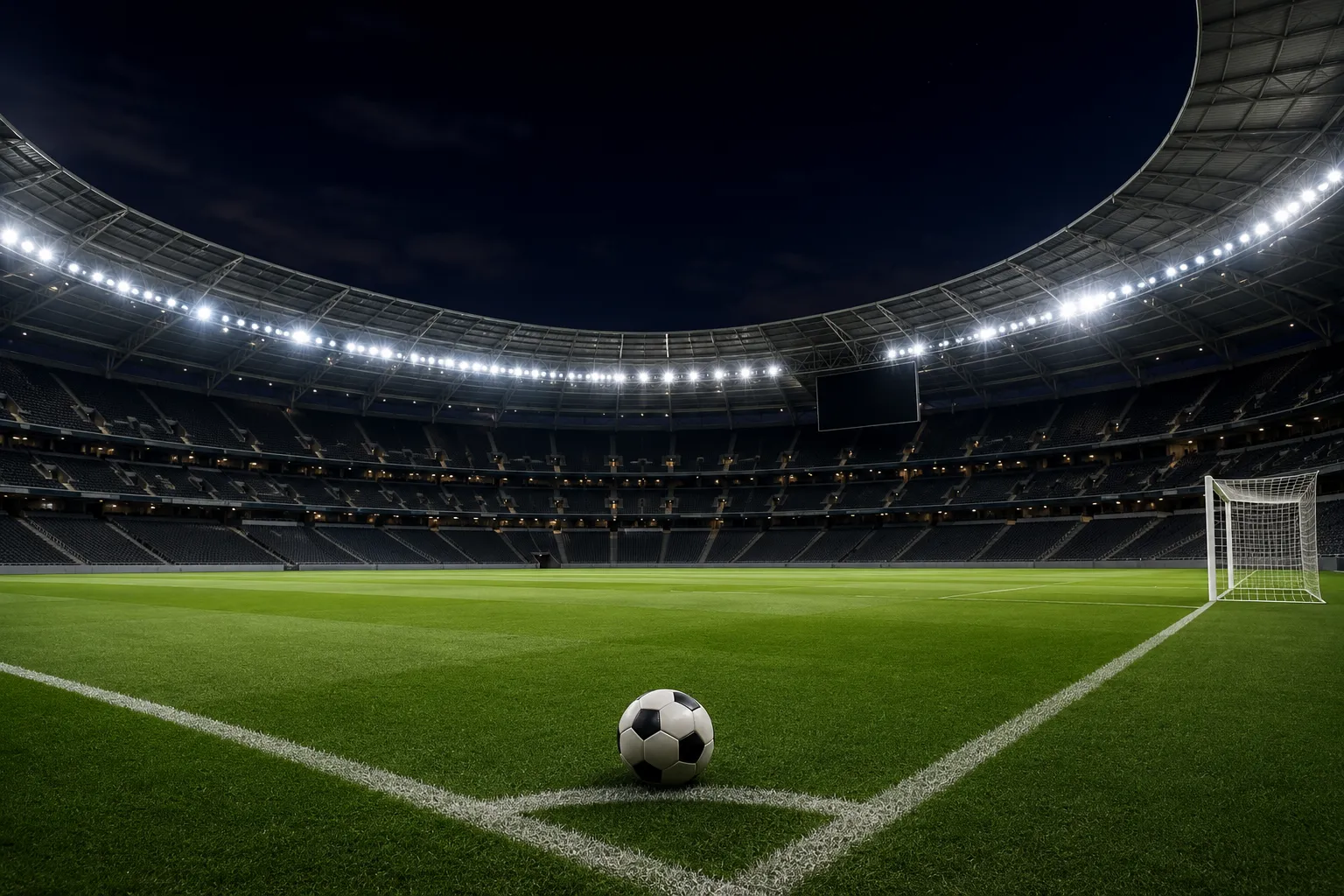 夜のサッカーボールとスタジアム